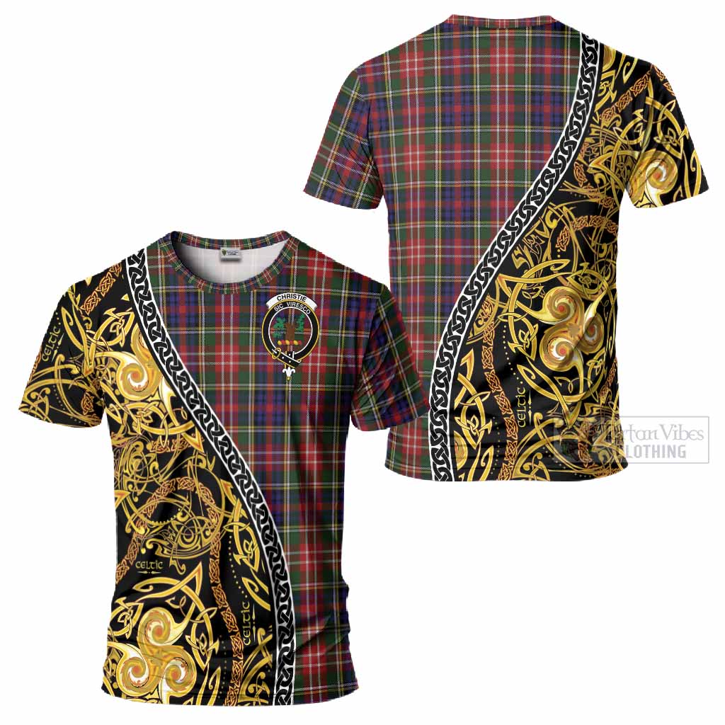 Christie Tartan Crest T-Shirt Celtic Knot and Triple Trickle Spiral Symbols