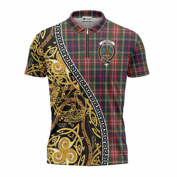 Christie Tartan Crest Zipper Polo Shirt Celtic Knot and Triple Trickle Spiral Symbols