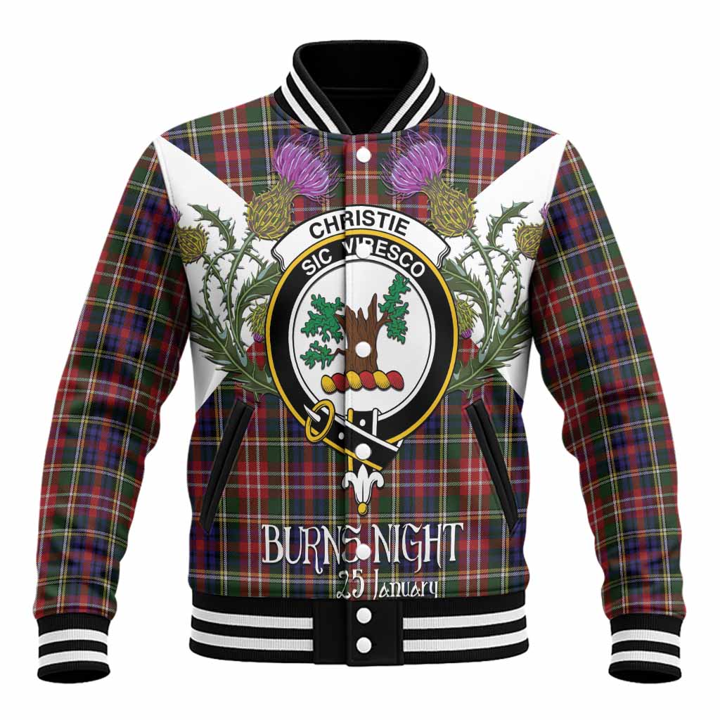 Christie Tartan Family Crest Baseball Jacket Scottish Burns Night Thistle Floral