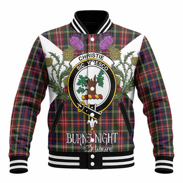 Christie Tartan Family Crest Baseball Jacket Scottish Burns Night Thistle Floral