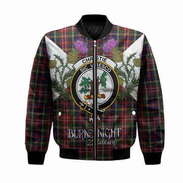Christie Tartan Family Crest Bomber Jacket Scottish Burns Night Thistle Floral