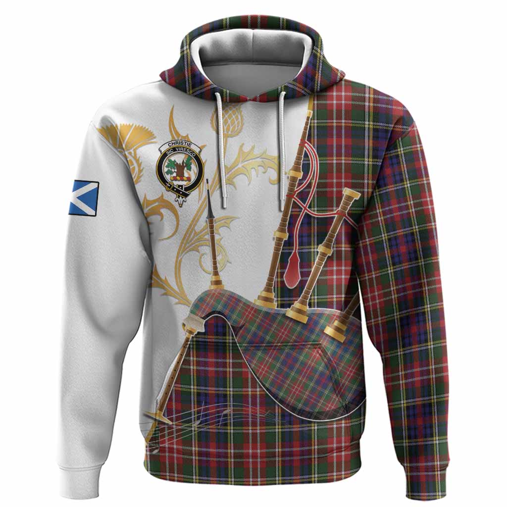 Christie Tartan Family Crest Hoodie Bagpipes with Scottish Thistle