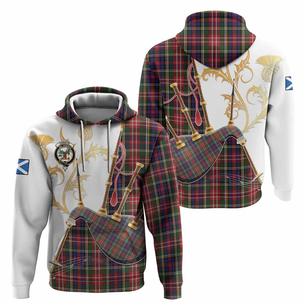 Christie Tartan Family Crest Hoodie Bagpipes with Scottish Thistle