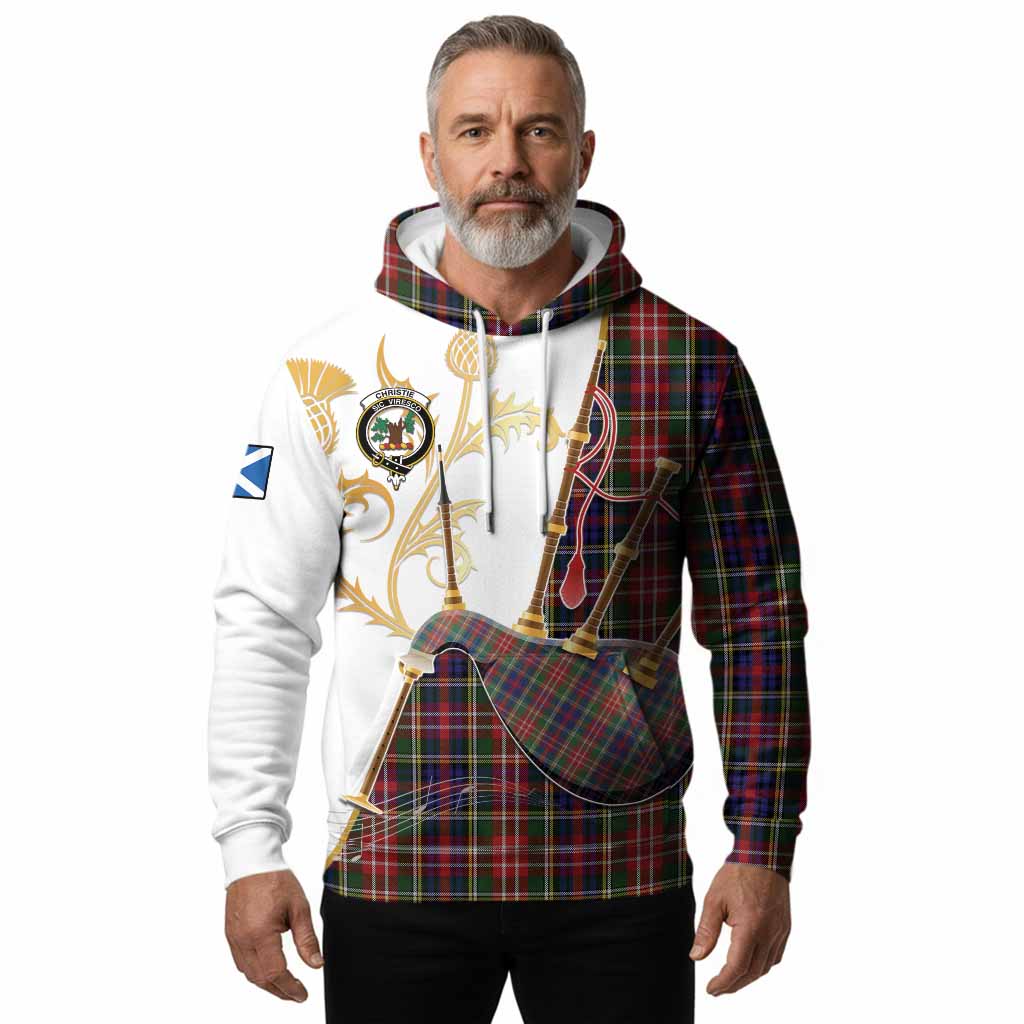 Christie Tartan Family Crest Hoodie Bagpipes with Scottish Thistle