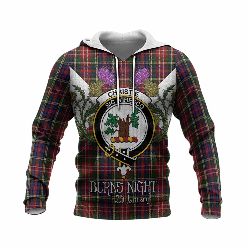 Christie Tartan Family Crest Knitted Hoodie Scottish Burns Night Thistle Floral