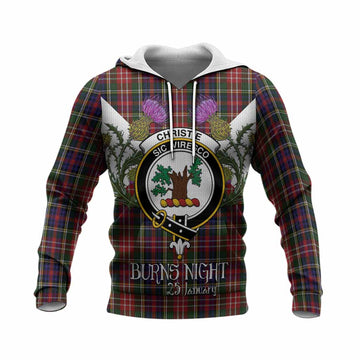 Christie Tartan Family Crest Knitted Hoodie Scottish Burns Night Thistle Floral