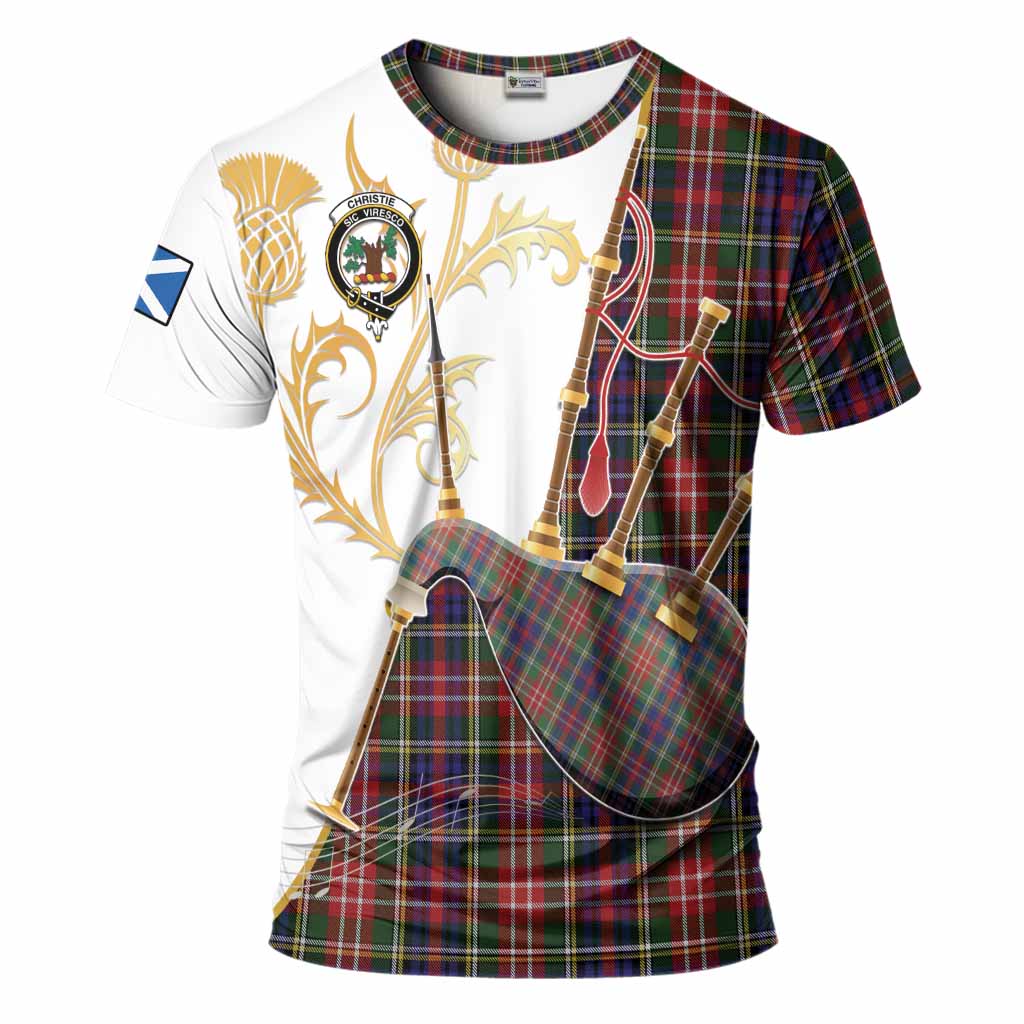 Christie Tartan Family Crest T-Shirt Bagpipes with Scottish Thistle