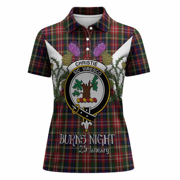 Christie Tartan Family Crest Women Polo Shirt Scottish Burns Night Thistle Floral