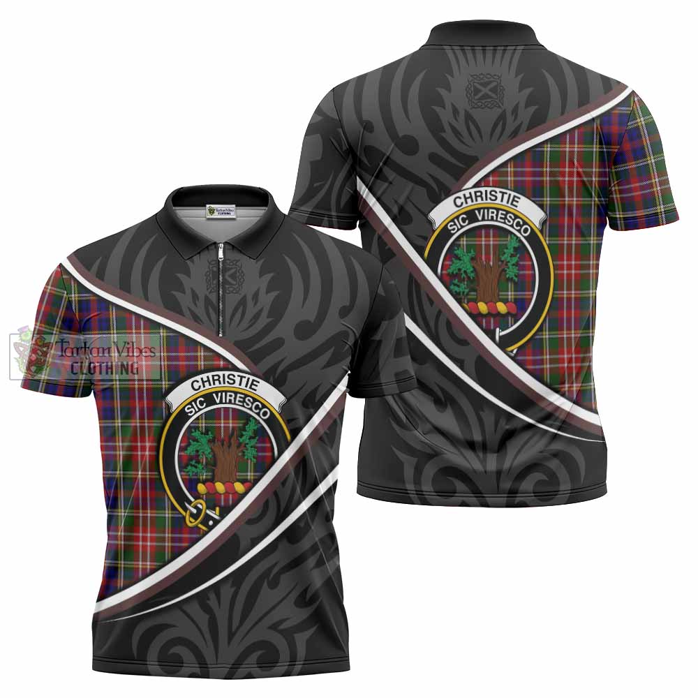 Christie Tartan Family Crest Zipper Polo Shirt Celtic Scottish Thistle Floral - Tartan Vibes Clothing