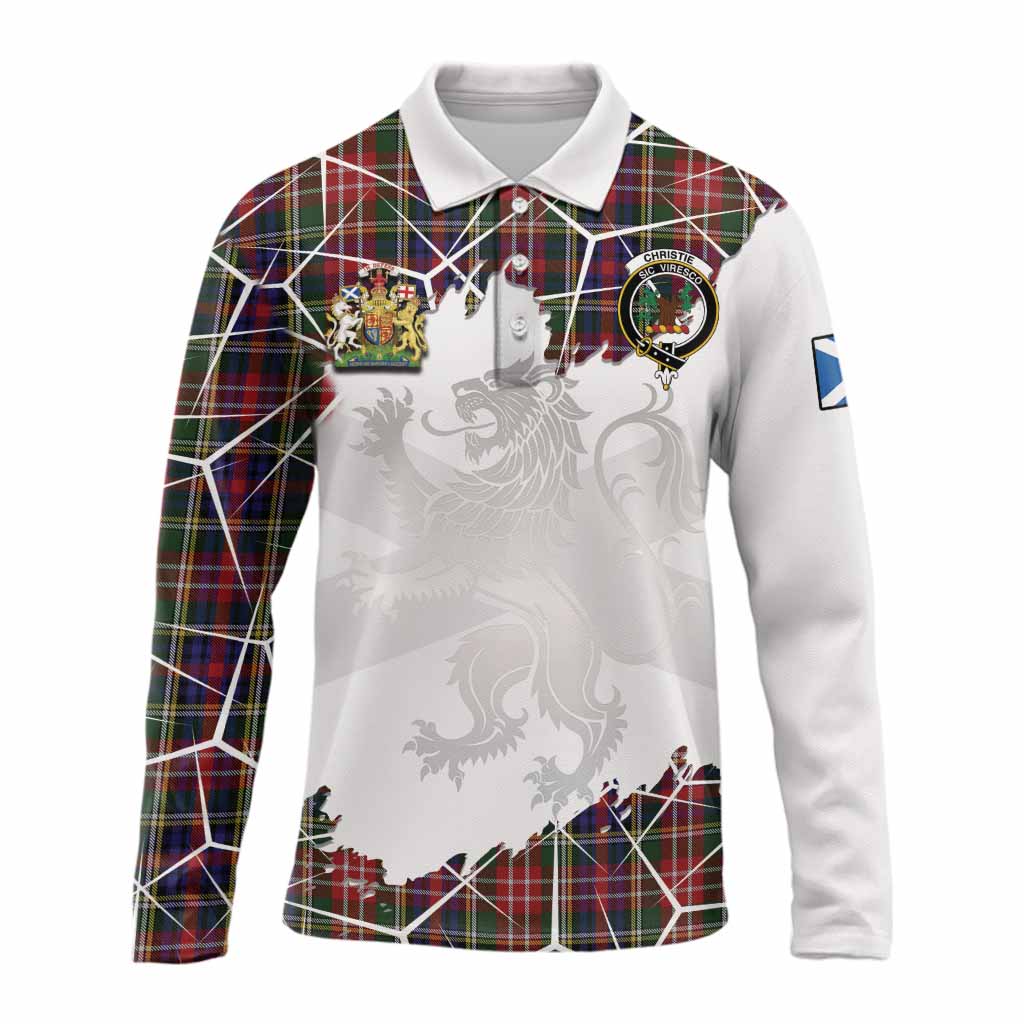 Christie Tartan Long Sleeve Polo Shirt with Family Crest and Lion Rampant Grunge Style