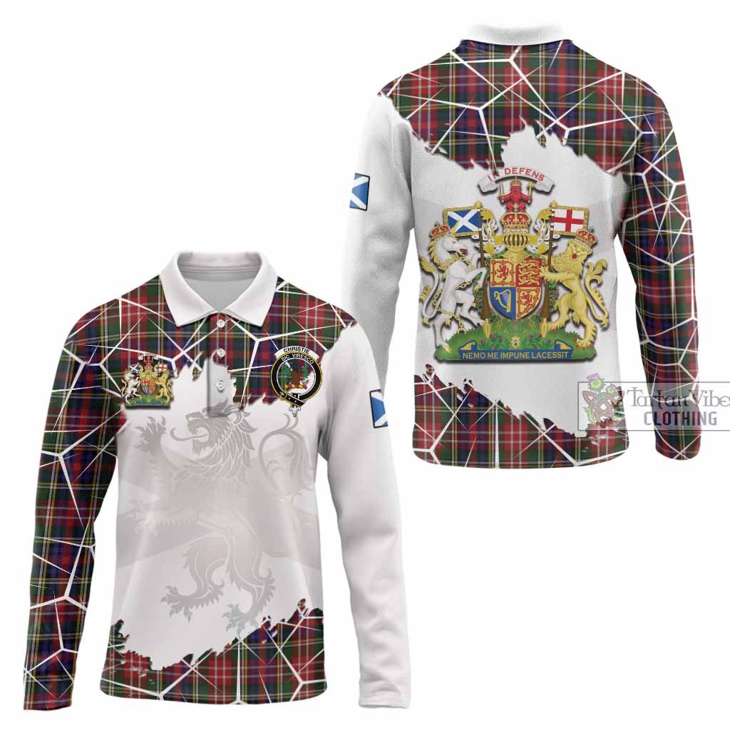 Christie Tartan Long Sleeve Polo Shirt with Family Crest and Lion Rampant Grunge Style