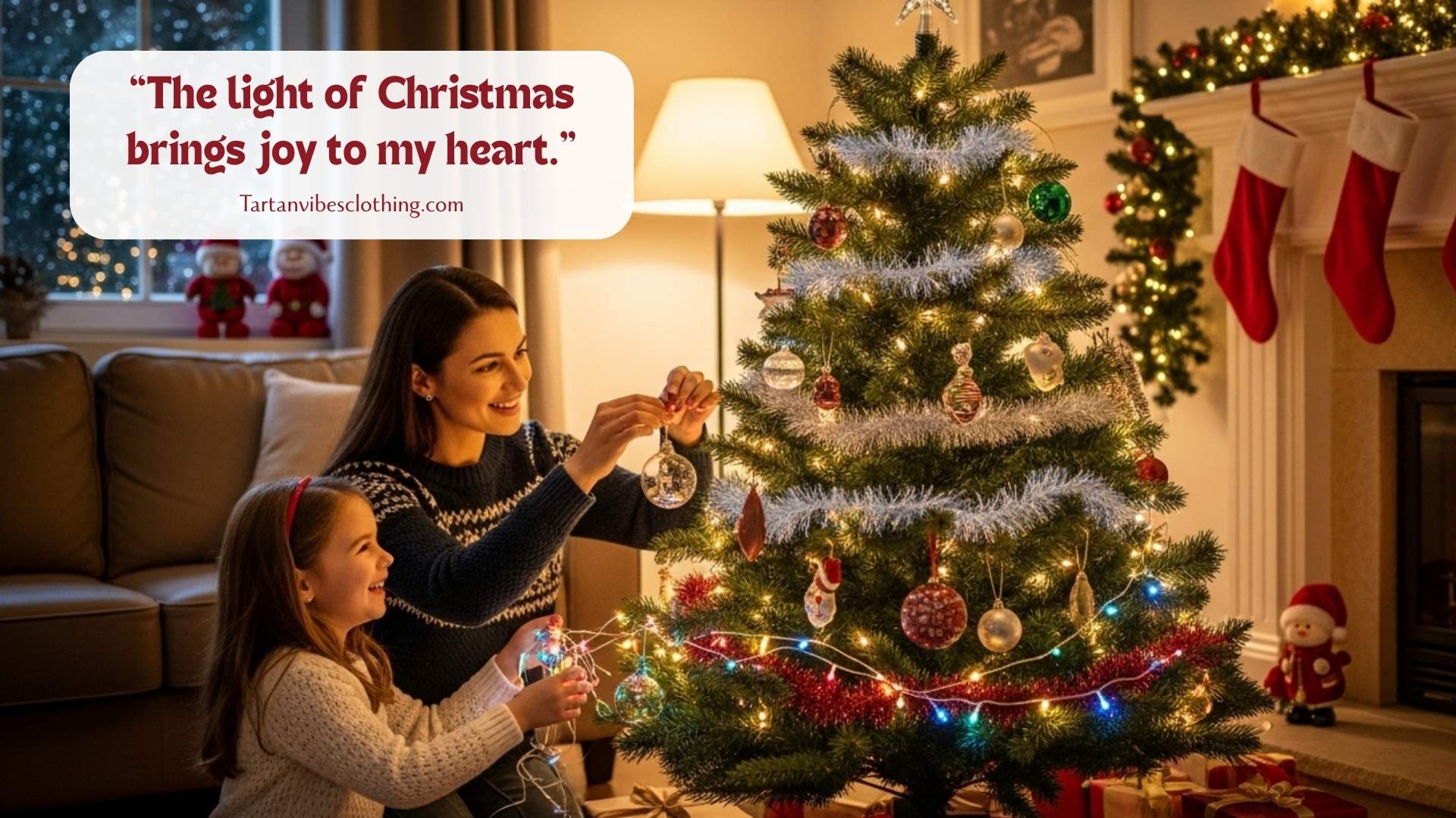 Mother and child decorating a glowing Christmas tree together in a cozy, festive living room filled with lights and holiday decor.