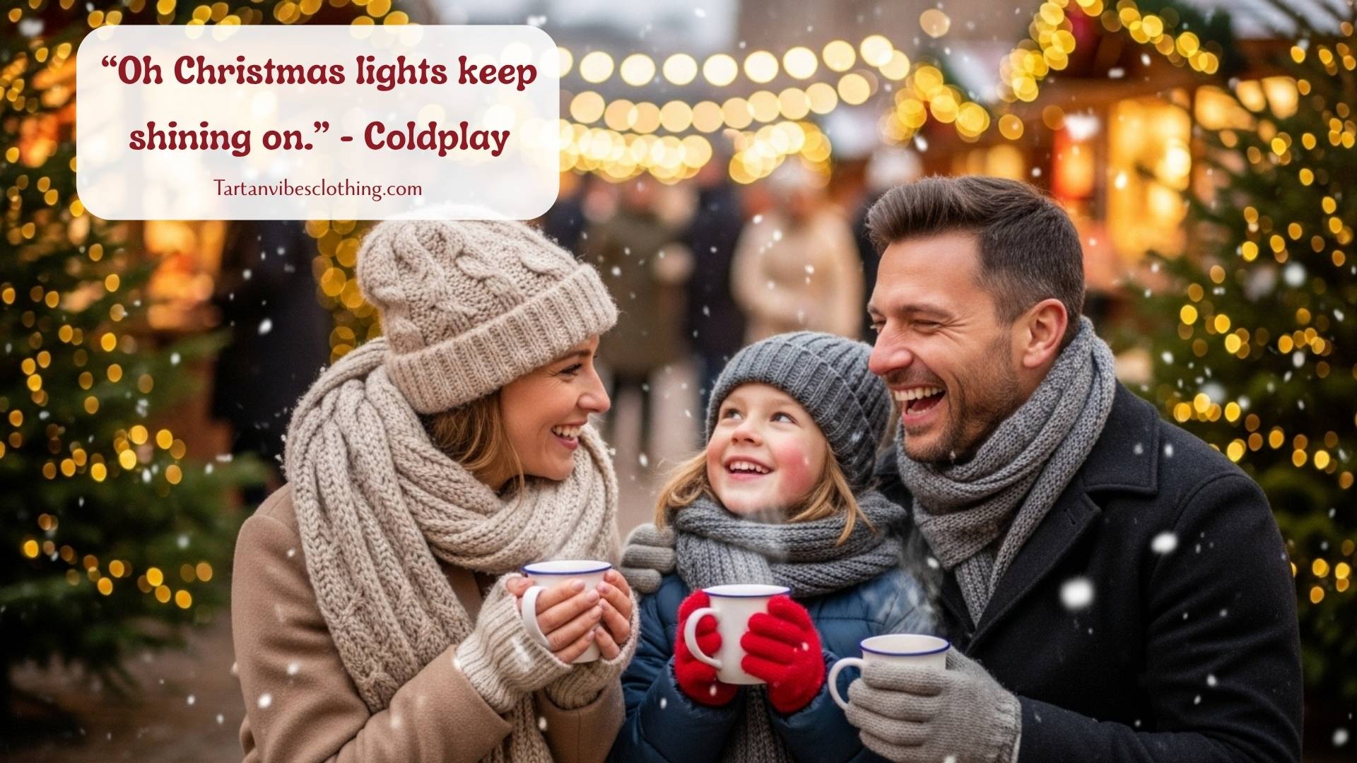  Smiling family enjoying warm drinks together at a Christmas market filled with glowing lights and festive decorations.