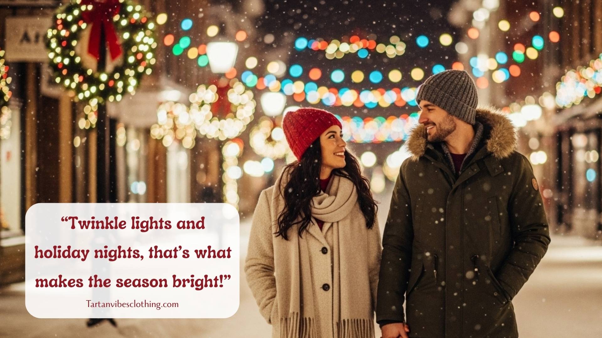 Couple walking hand in hand on a snowy street decorated with colorful Christmas lights and festive holiday décor.
