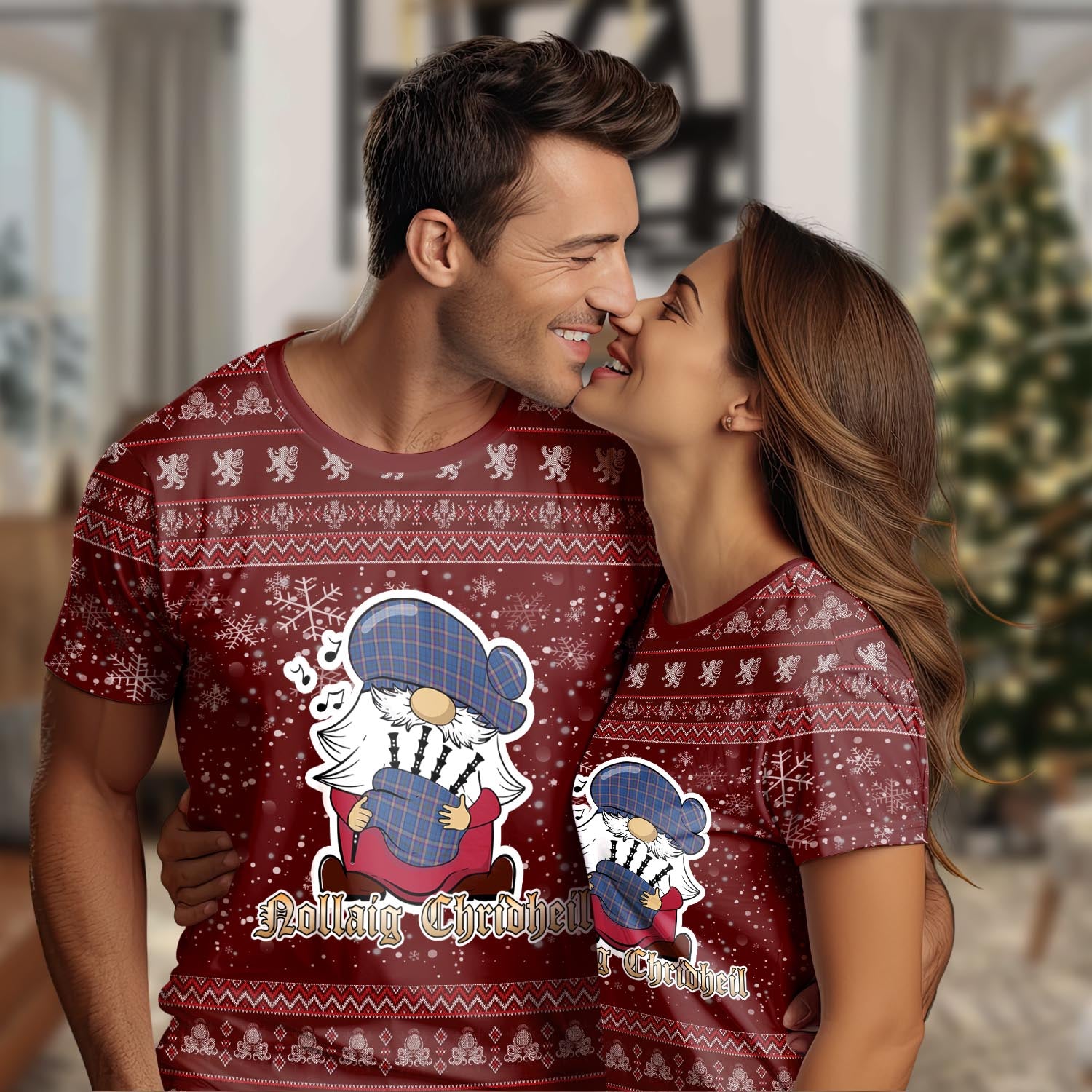 Cian Clan Christmas Family T-Shirt with Funny Gnome Playing Bagpipes Women's Shirt Red - Tartanvibesclothing