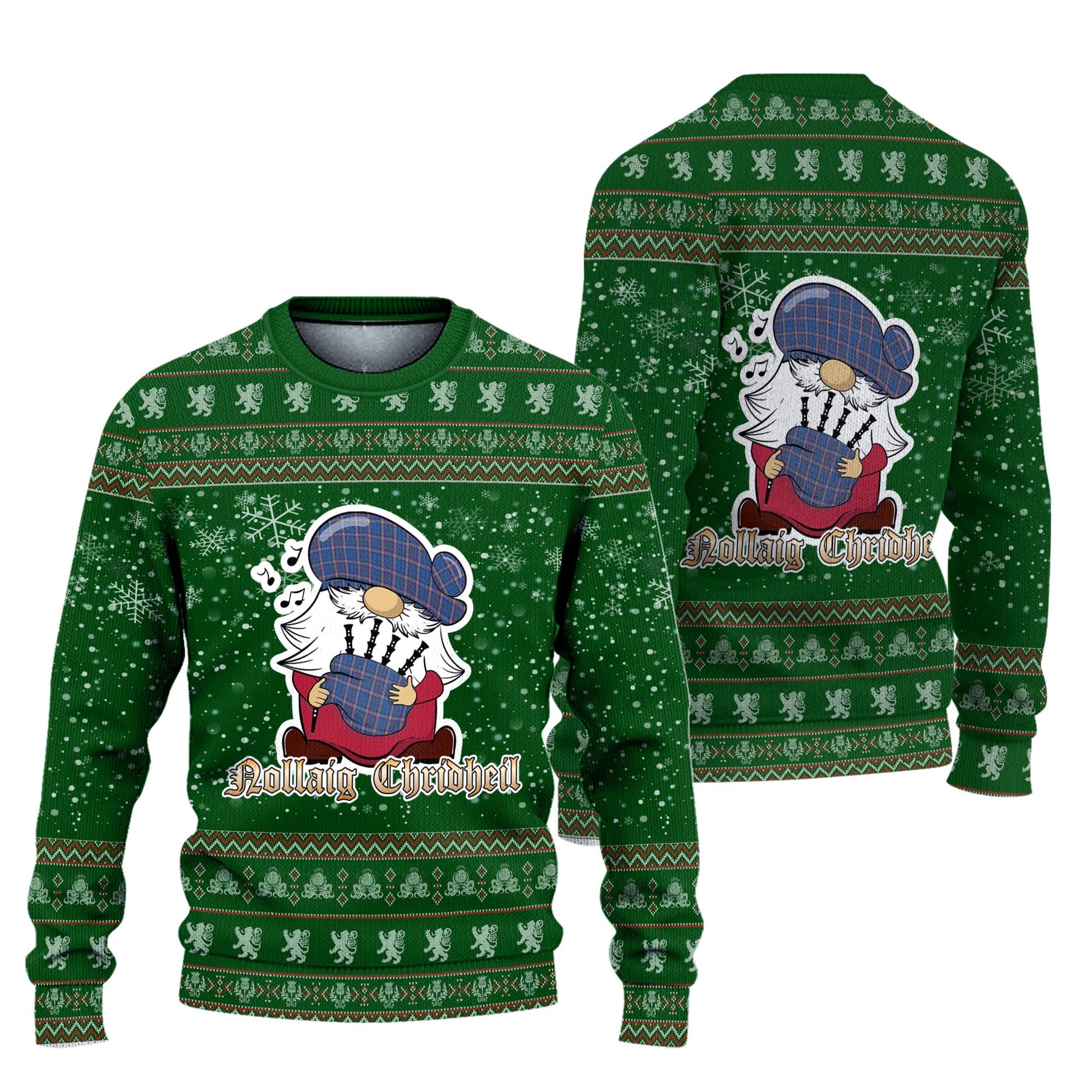 Cian Clan Christmas Family Knitted Sweater with Funny Gnome Playing Bagpipes Unisex Green - Tartanvibesclothing