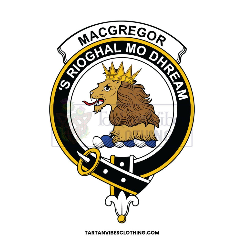 Clan MacGregor crest featuring crowned lion and “S Rioghal Mo Dhream” motto.
