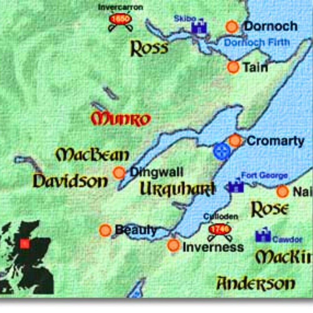 Clan Munro territory in Ross-shire, surrounded by Highland clans in the Scottish Highlands
