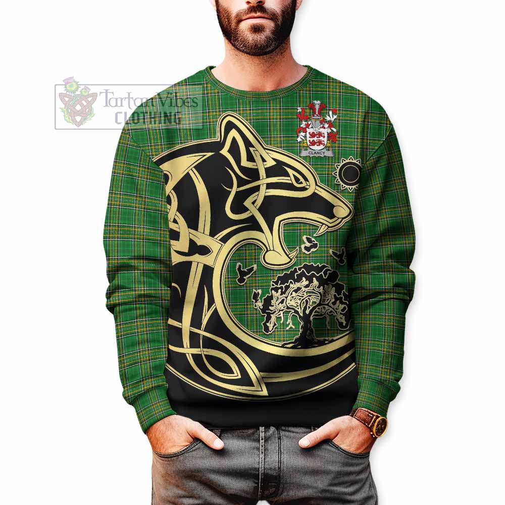 Clancy Irish Tartan Sweatshirt with Coat of Arms Celtic Wolf Style - Tartan Vibes Clothing