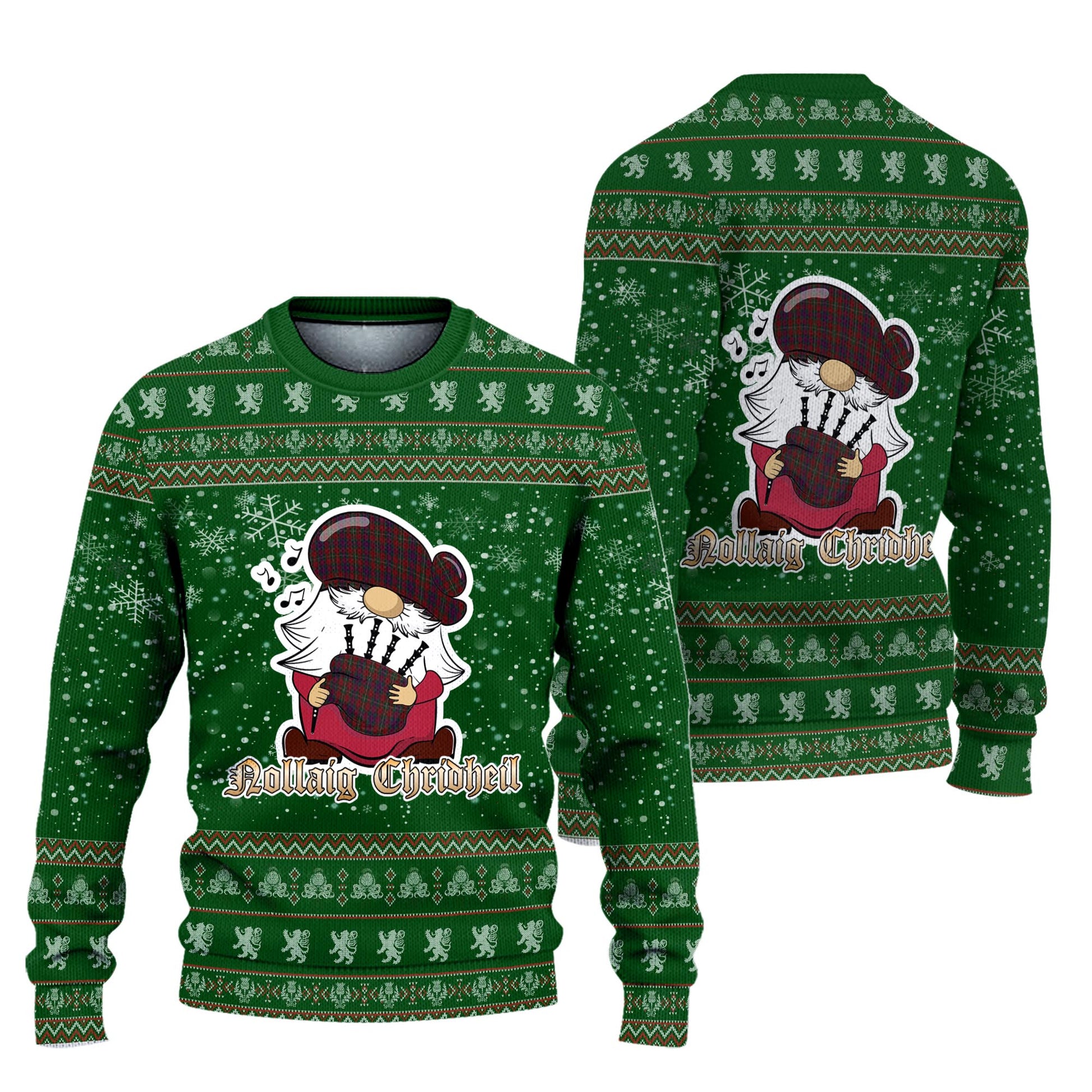 Clare County Ireland Clan Christmas Family Knitted Sweater with Funny Gnome Playing Bagpipes Unisex Green - Tartanvibesclothing