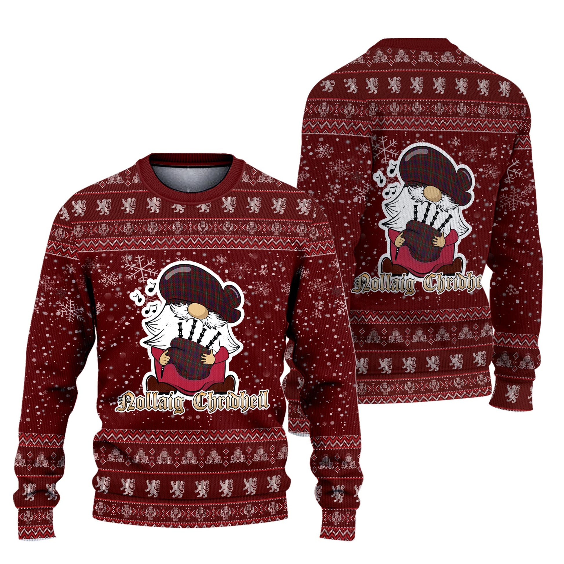 Clare County Ireland Clan Christmas Family Knitted Sweater with Funny Gnome Playing Bagpipes Unisex Red - Tartanvibesclothing