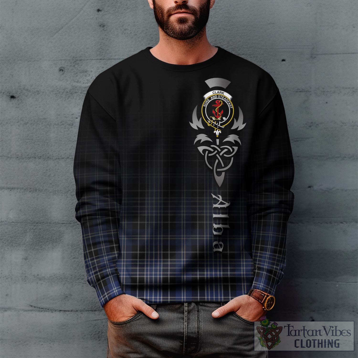 Tartan Vibes Clothing Clark Tartan Sweatshirt Featuring Alba Gu Brath Family Crest Celtic Inspired