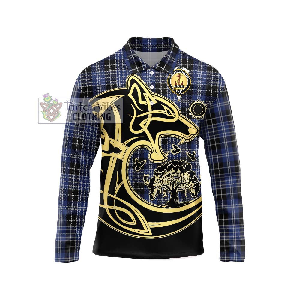 Clark (Clarke) Tartan Long Sleeve Polo Shirt with Family Crest Celtic Wolf Style Unisex - Tartanvibesclothing Shop