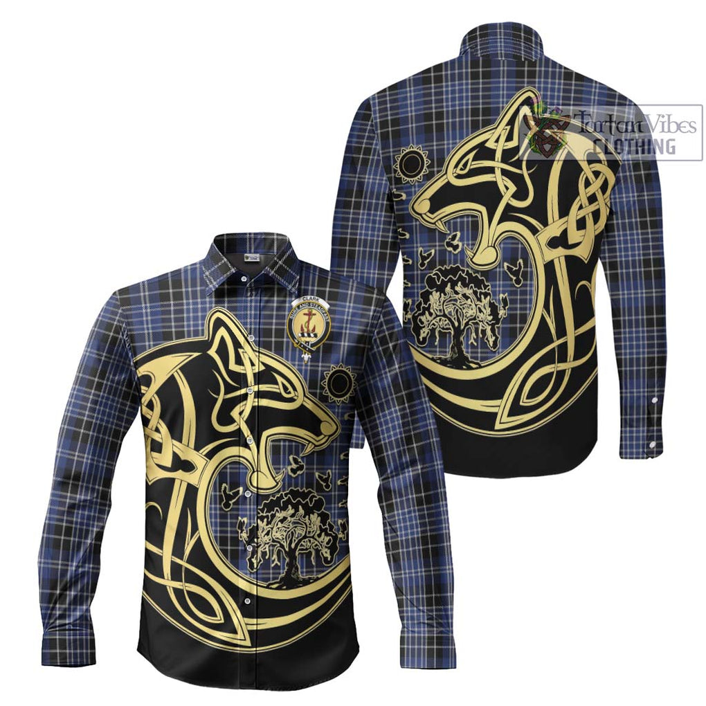 Clark (Clarke) Tartan Long Sleeve Button Shirt with Family Crest Celtic Wolf Style Men's Shirt S - Tartan Vibes Clothing