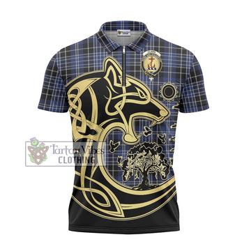 Clark (Clarke) Tartan Zipper Polo Shirt with Family Crest Celtic Wolf Style - Tartanvibesclothing Shop