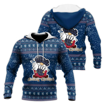 Clark Clan Christmas Knitted Hoodie with Funny Gnome Playing Bagpipes