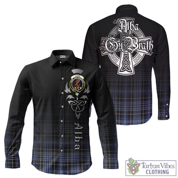 Clark (Clarke) Tartan Long Sleeve Button Up Featuring Alba Gu Brath Family Crest Celtic Inspired