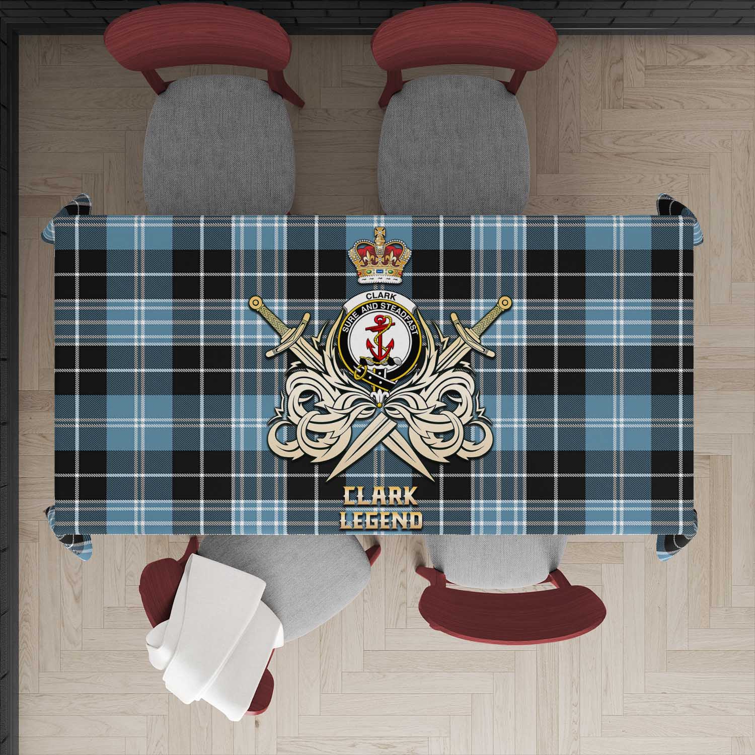 Tartan Vibes Clothing Clark Ancient Tartan Tablecloth with Clan Crest and the Golden Sword of Courageous Legacy