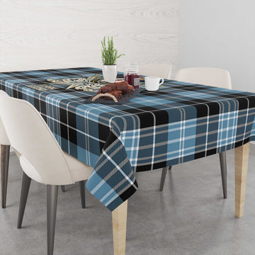 Clark Ancient Tartan Tablecloth with Clan Crest and the Golden Sword of Courageous Legacy