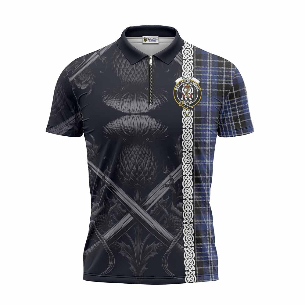 Tartan Vibes Clothing Clark (Clarke) Tartan Zipper Polo Shirt with Family Crest Cross Sword Thistle Celtic Vibes