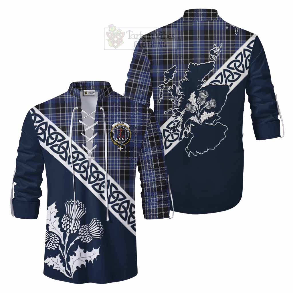Tartan Vibes Clothing Clark (Clarke) Tartan Ghillie Kilt Shirt Featuring Thistle and Scotland Map