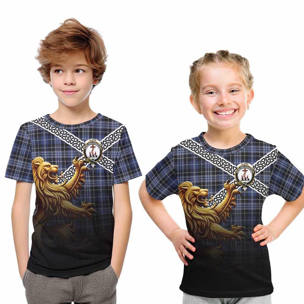 Tartan Vibes Clothing Clark (Clarke) Crest Tartan Kid T-Shirt with Golden Lion Emblem Celtic Style