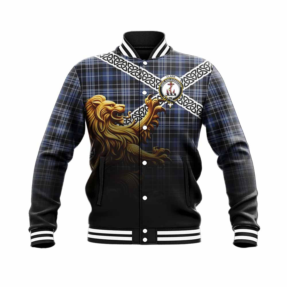 Tartan Vibes Clothing Clark (Clarke) Crest Tartan Baseball Jacket with Golden Lion Emblem Celtic Style