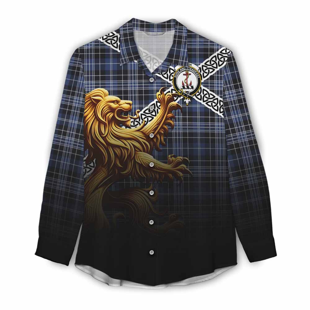 Tartan Vibes Clothing Clark (Clarke) Crest Tartan Women's Casual Shirt with Golden Lion Emblem Celtic Style