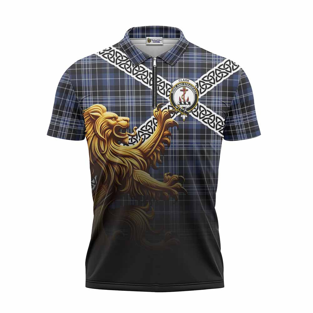 Tartan Vibes Clothing Clark (Clarke) Crest Tartan Zipper Polo Shirt with Golden Lion Emblem Celtic Style