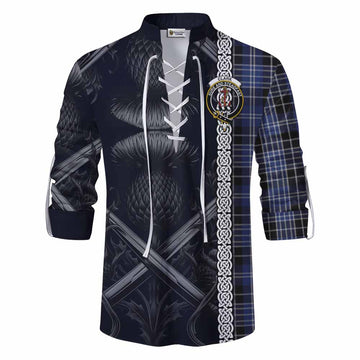 Tartan Vibes Clothing Clark (Clarke) Tartan Ghillie Kilt Shirt with Family Crest Cross Sword Thistle Celtic Vibes