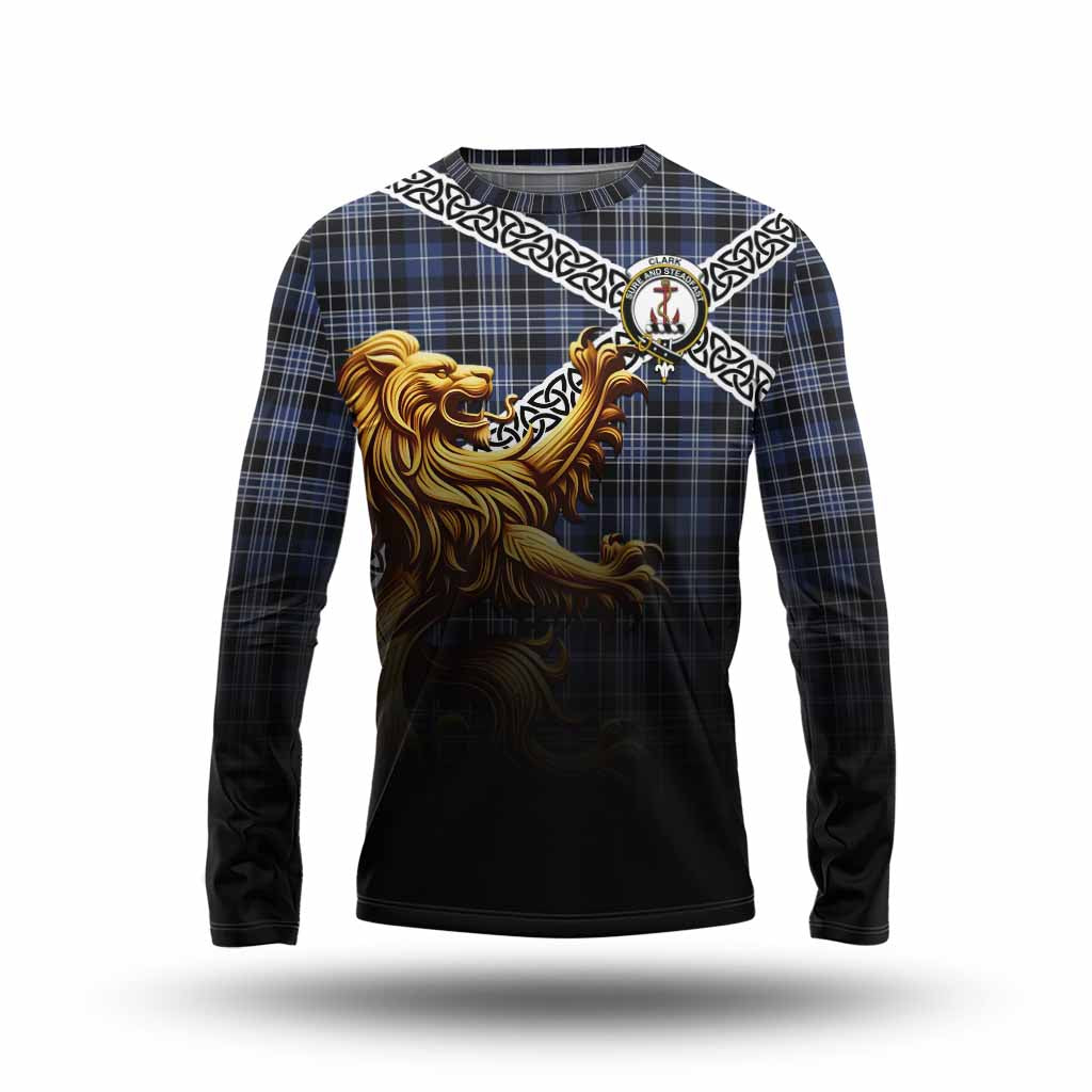 Tartan Vibes Clothing Clark (Clarke) Crest Tartan Long Sleeve T-Shirt with Golden Lion Emblem Celtic Style