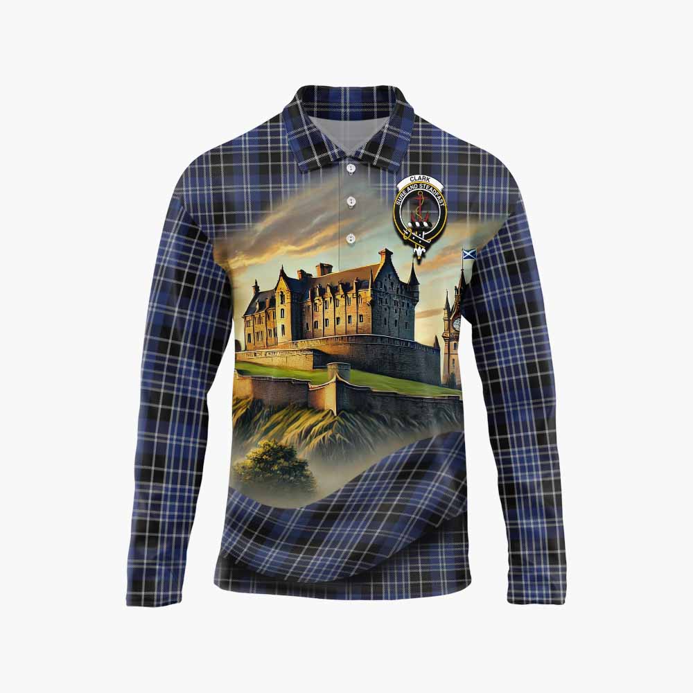 Tartan Vibes Clothing Clark (Clarke) Tartan Family Crest Long Sleeve Polo Shirt with Scottish Ancient Castle Style
