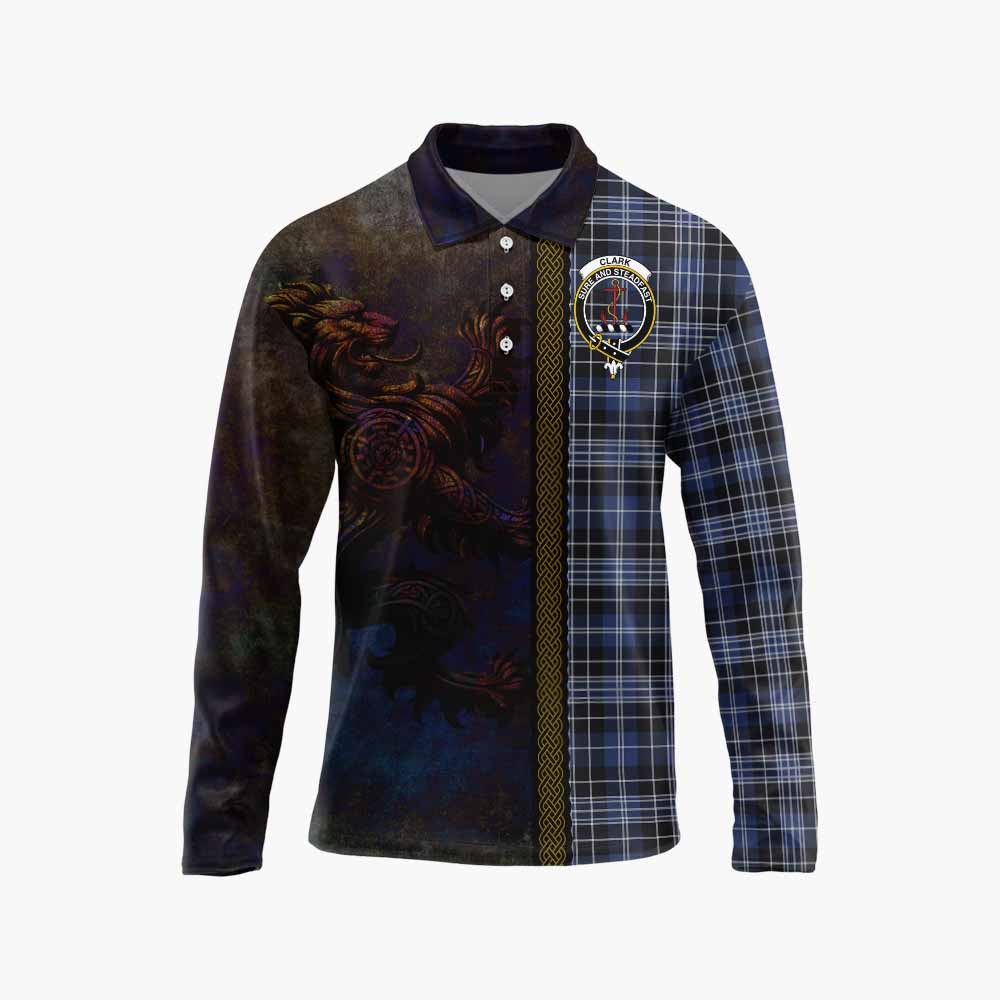 Tartan Vibes Clothing Clark (Clarke) Tartan Family Crest Long Sleeve Polo Shirt Alba Gu Brath Be Brave Lion Ancient Style