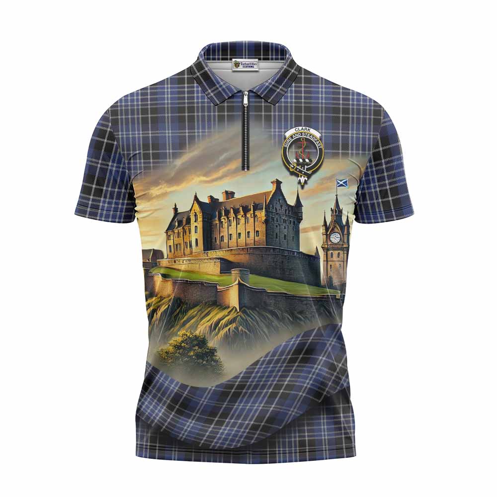 Tartan Vibes Clothing Clark (Clarke) Tartan Family Crest Zipper Polo Shirt with Scottish Ancient Castle Stype
