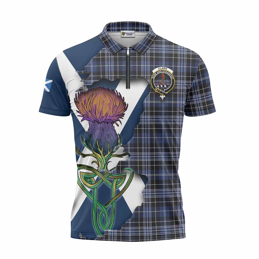 Tartan Vibes Clothing Clark (Clarke) Tartan Family Crest Zipper Polo Shirt Scottish Thistle Celtic Inspired