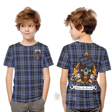Clark (Clarke) Tartan Kid T-Shirt with Family Crest and Bearded Skull Holding Bottles of Whiskey