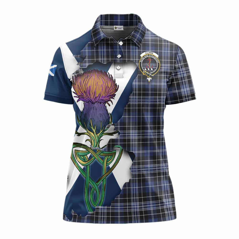 Tartan Vibes Clothing Clark (Clarke) Tartan Family Crest Women's Polo Shirt Scottish Thistle Celtic Inspired