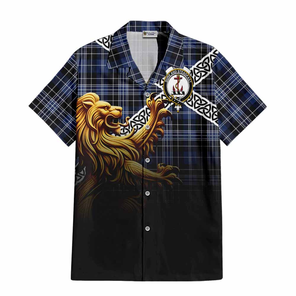 Tartan Vibes Clothing Clark (Clarke) Crest Tartan Short Sleeve Button Shirt with Golden Lion Emblem Celtic Style