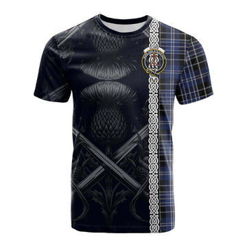 Tartan Vibes Clothing Clark (Clarke) Tartan Cotton T-shirt with Family Crest Cross Sword Thistle Celtic Vibes