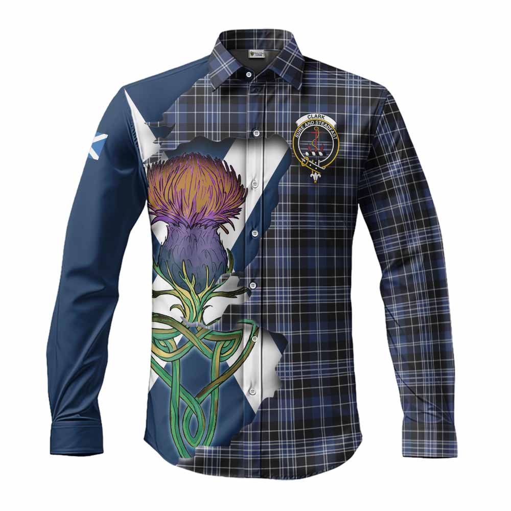 Tartan Vibes Clothing Clark (Clarke) Tartan Family Crest Long Sleeve Button Shirt Scottish Thistle Celtic Inspired